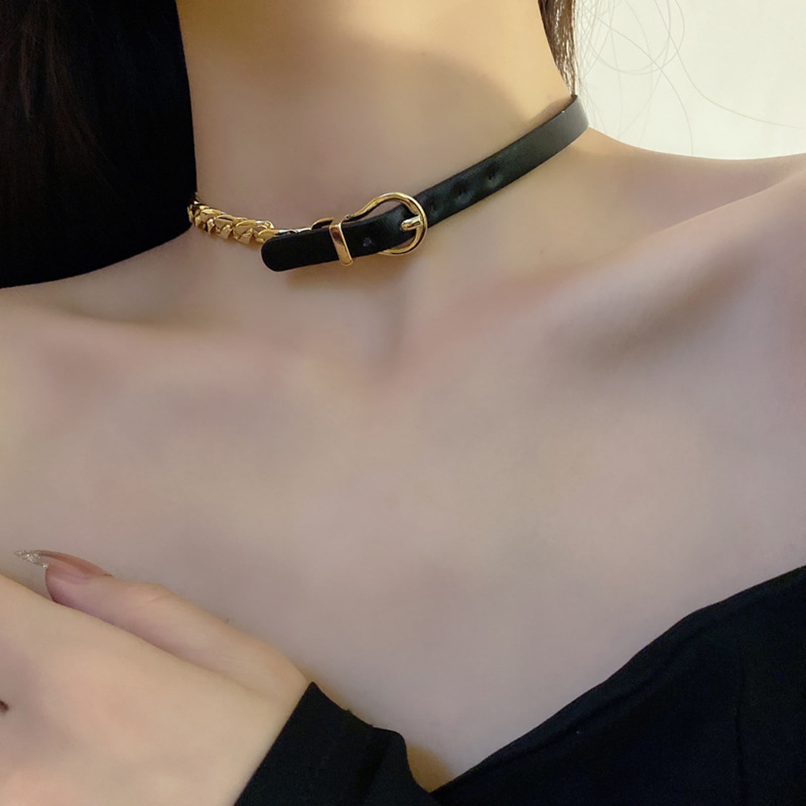 Leather Choker Necklace Women'S Short Leather Rope Neckband Black For  Teens Girl