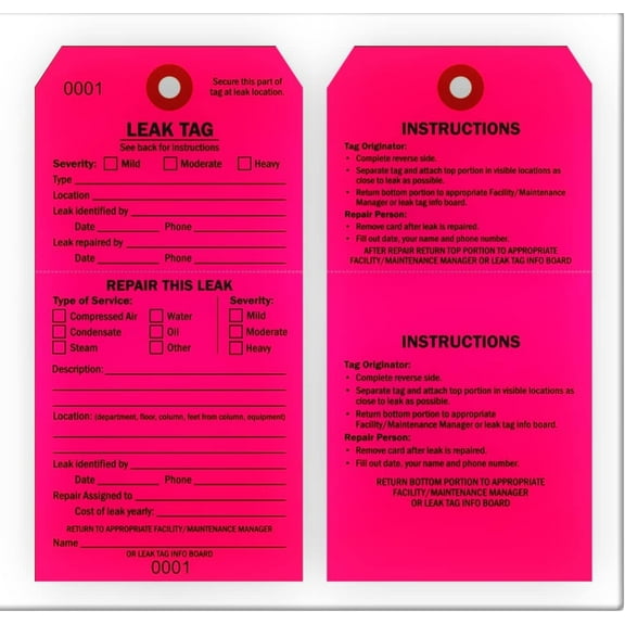 LEAK TAG, 2-Part Numbered Record, 2-7/8" x 5-3/4", Instructions on Back, Fluor. Pink, Perforated, Fiber Reinforced Hole - Pack of 50 Tags