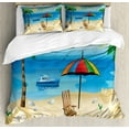 thumbnail image 1 of Beach Queen Size Duvet Cover Set, Colorful Cartoon Style Coast Pattern Boat Rainbow Umbrella Open Skyline Palm Tree, Decorative 3 Piece Bedding Set with 2 Pillow Shams, Multicolor, by Ambesonne, 1 of 3