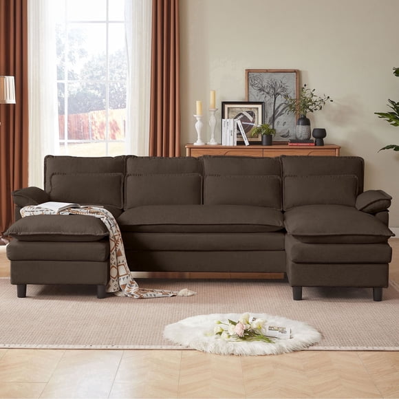 Pingliang Home Canapé Sectionnel en U de 105 Pouces, Canapé Nuage Moderne avec Double Méridienne et 4 Coussins pour Salon, Appartement, Bureau, Studio, Brun