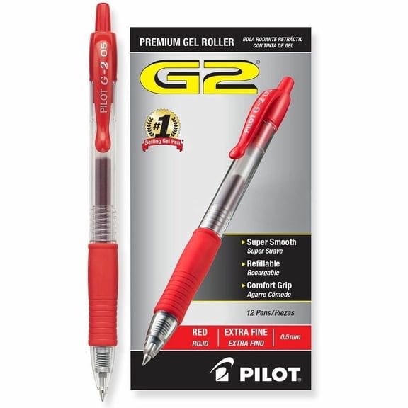 Pilot® G-2® Retractable Gel Pens, Extra Fine Point, 0.5 mm, Clear Barrels, Red Ink, Pack Of 12