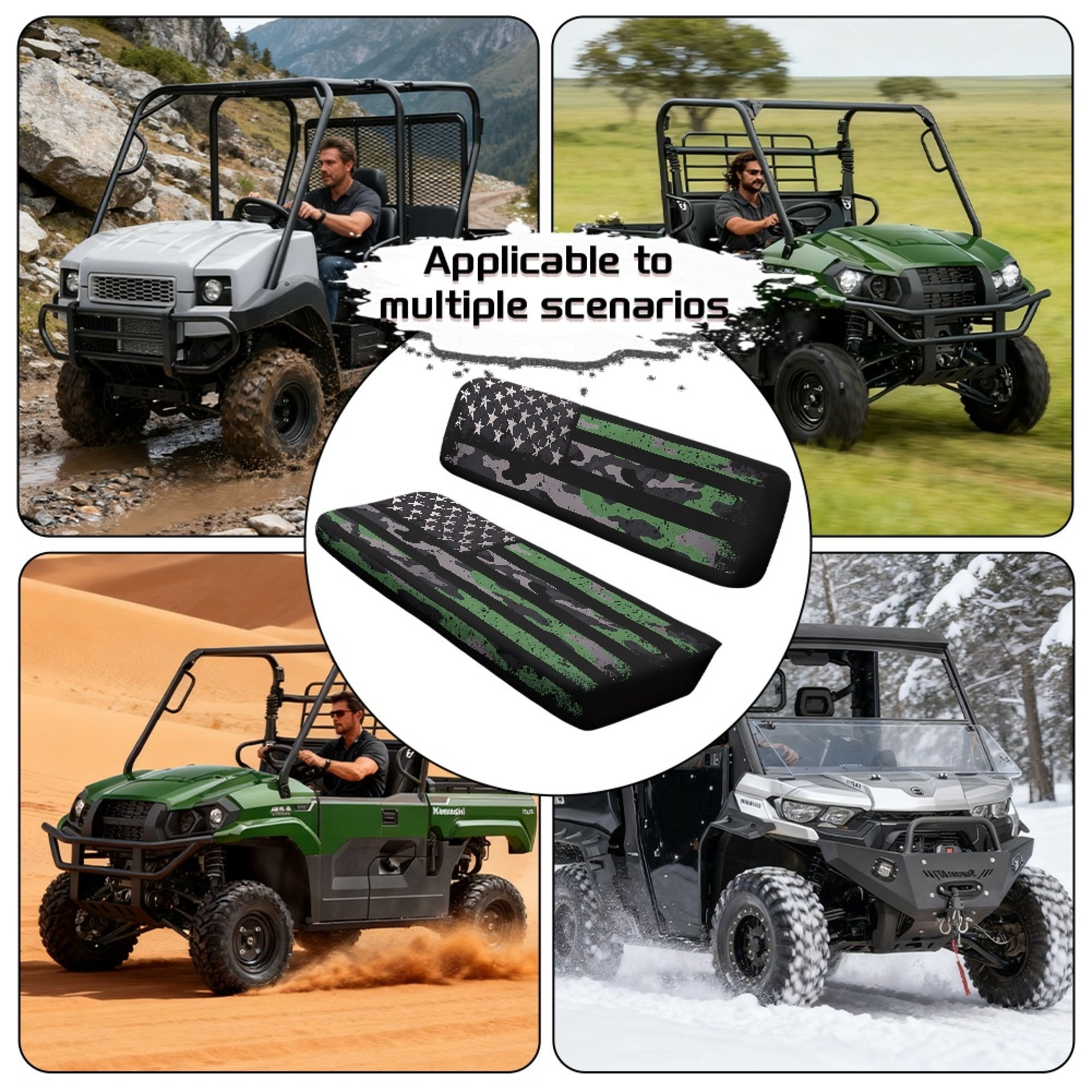 ZIATUBLES 2-Pack Waterproof UTV Seat Covers, American Flag Camo Replacement Bench Seat Protectors Compatible with Kawasaki Mule 3000 3010, Wear-Resistant Polyester UTV Seat Decor Covers