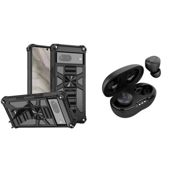 BEMZ Heavy Duty Armor Rugged Magnetic Mount Stand Case (Black) with Noise-Cancelling Wireless Earbuds with Charging Case for Google Pixel 7a