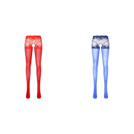 Lojoutye 2 Pack(Blue 1PCS & Red 1PCS) Multipack Valentine s Day for Women Womens Oil Glossy Crotchless Sleepwear Pantyhose Stockings Stretchy Tights Sports Lingerie