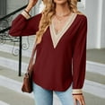 thumbnail image 4 of WREESH Womens Fashion Dressy Tops Solid Color Jacquards V-Neck Lace Long Sleeve Loose T-Shirt Pullover Wine, 4 of 6