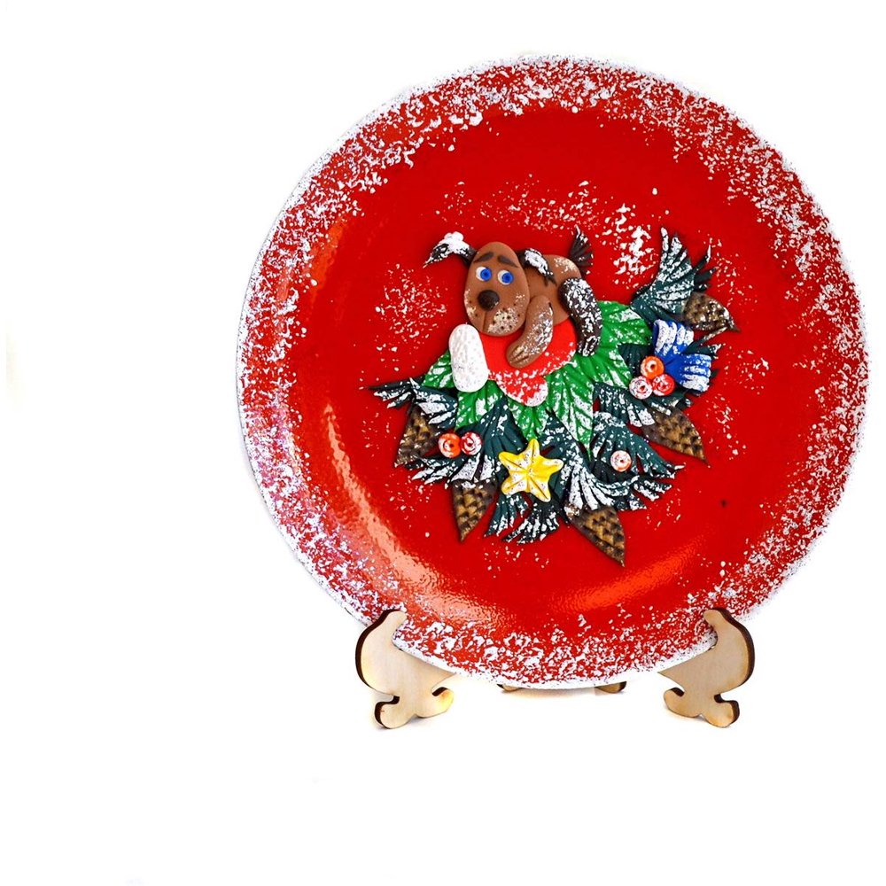 Decorative Red Plate with Dog Painting, Christmas Collectible Round