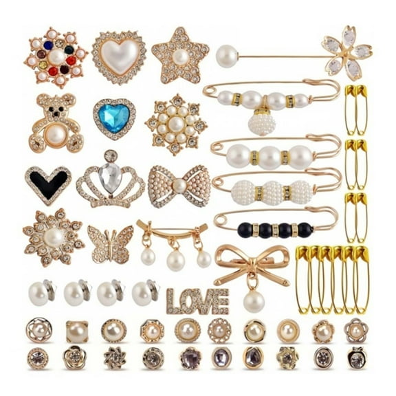55Pcs Sock Charm Pin Sweater Shawl Clip Artificial Pearls Rhinestones Brooch Pins for Cardigan Sweater Shawl Dress Hat