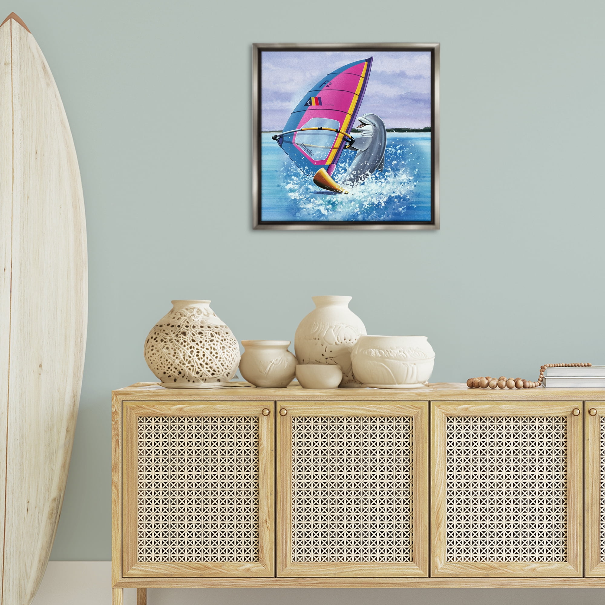 Stupell Industries Wind Surfer Dolphin Animals Painting Gray Floater Framed Canvas Art Print Wall Art, 25 x 25