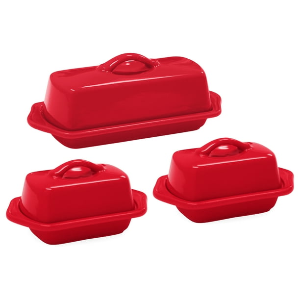 Chantal True Red Stoneware 3 Piece Traditional and Mini Butter Dish Set