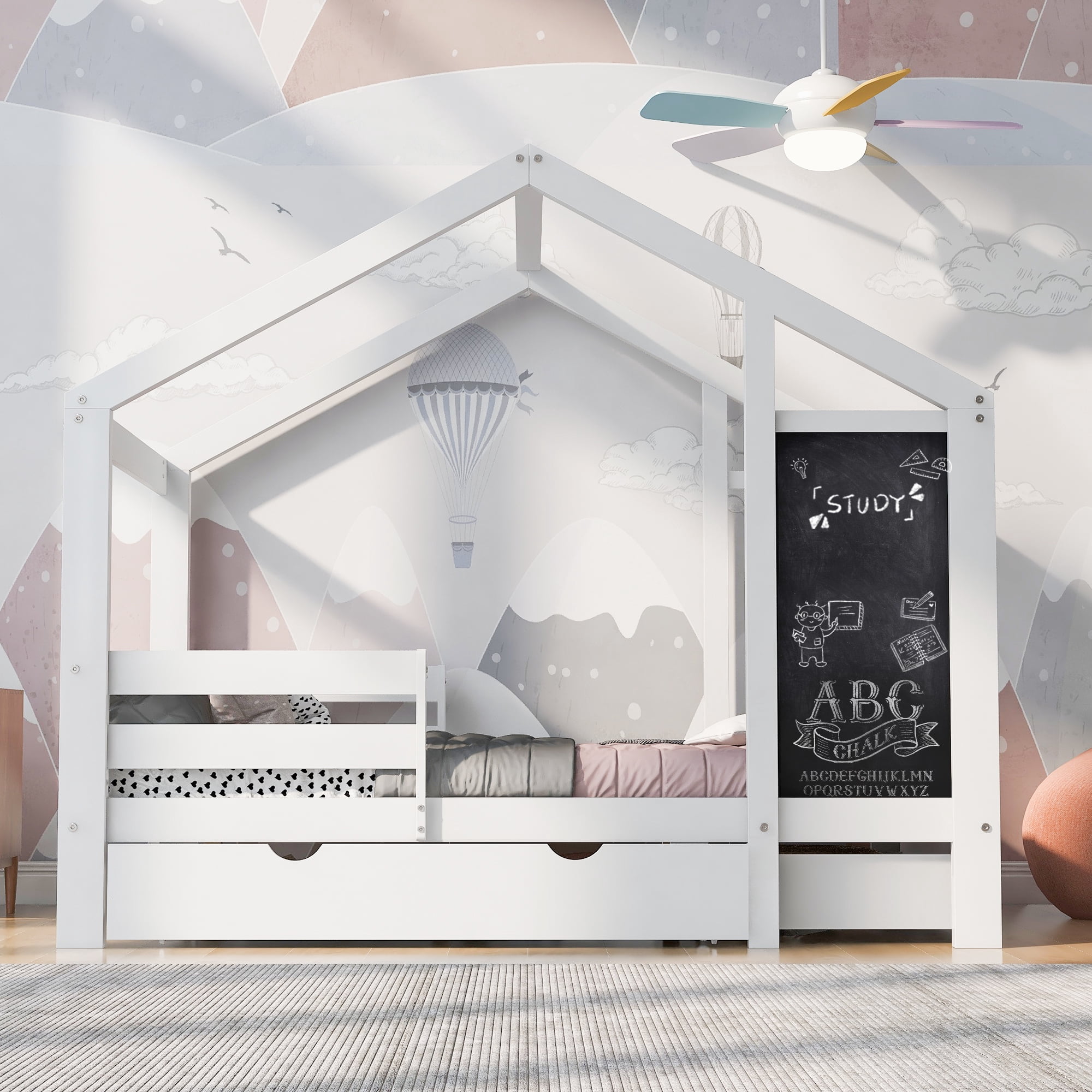 Euroco Pine Wood Full Size House Canopy Bed with Trundle and Blackboaed, Daybed with Drawers for Kids, White