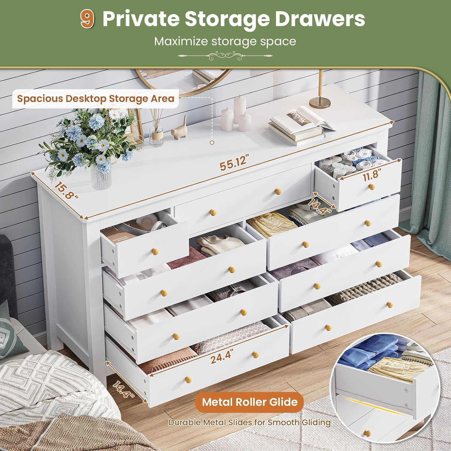 9 Drawers Dresser for Bedroom, Large Chest of 9 Drawers with Wide Tabletop, Modern Wood Storage Cabinet for Living Room Hallway, White
