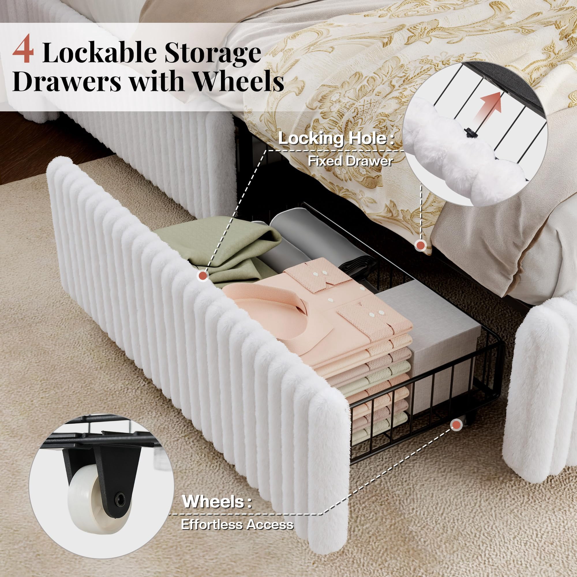 VanAcc 51.2" H Queen Size LED Bed Frame, Corduroy Upholstered Platform Bed with 4 Storage Drawers & Charging Station Wingback Headboard, White