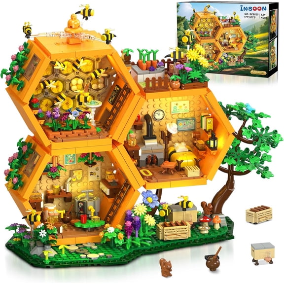INSOON Lighted Bee Farm House Building Set, 1773PCS Honey Treehouse with Flowers and Animals, Decorative Building Model for Adults and Teens