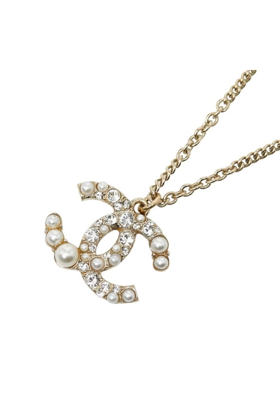 Pre-Owned Chanel Coco Mark Rhinestone and Pearl Necklace, Champagne Gold Plated, Faux... (Good)