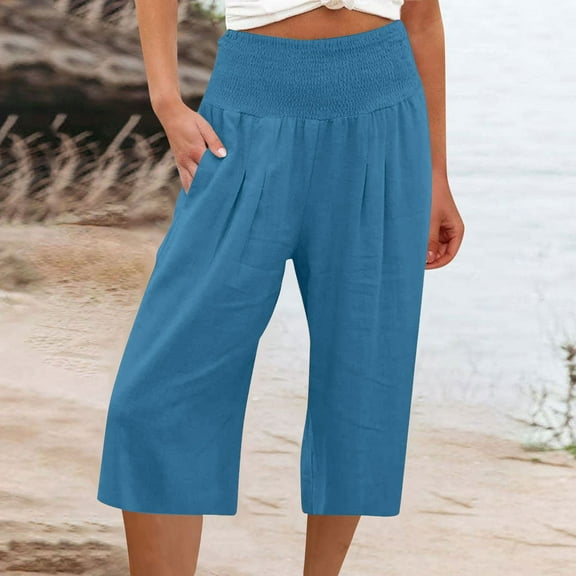 Hicidod Women's Cropped Pants Fashion Solid Wide Leg Lounge Linen Capris Pants with Pockets High Waisted Comfy Pajama Capri Pant