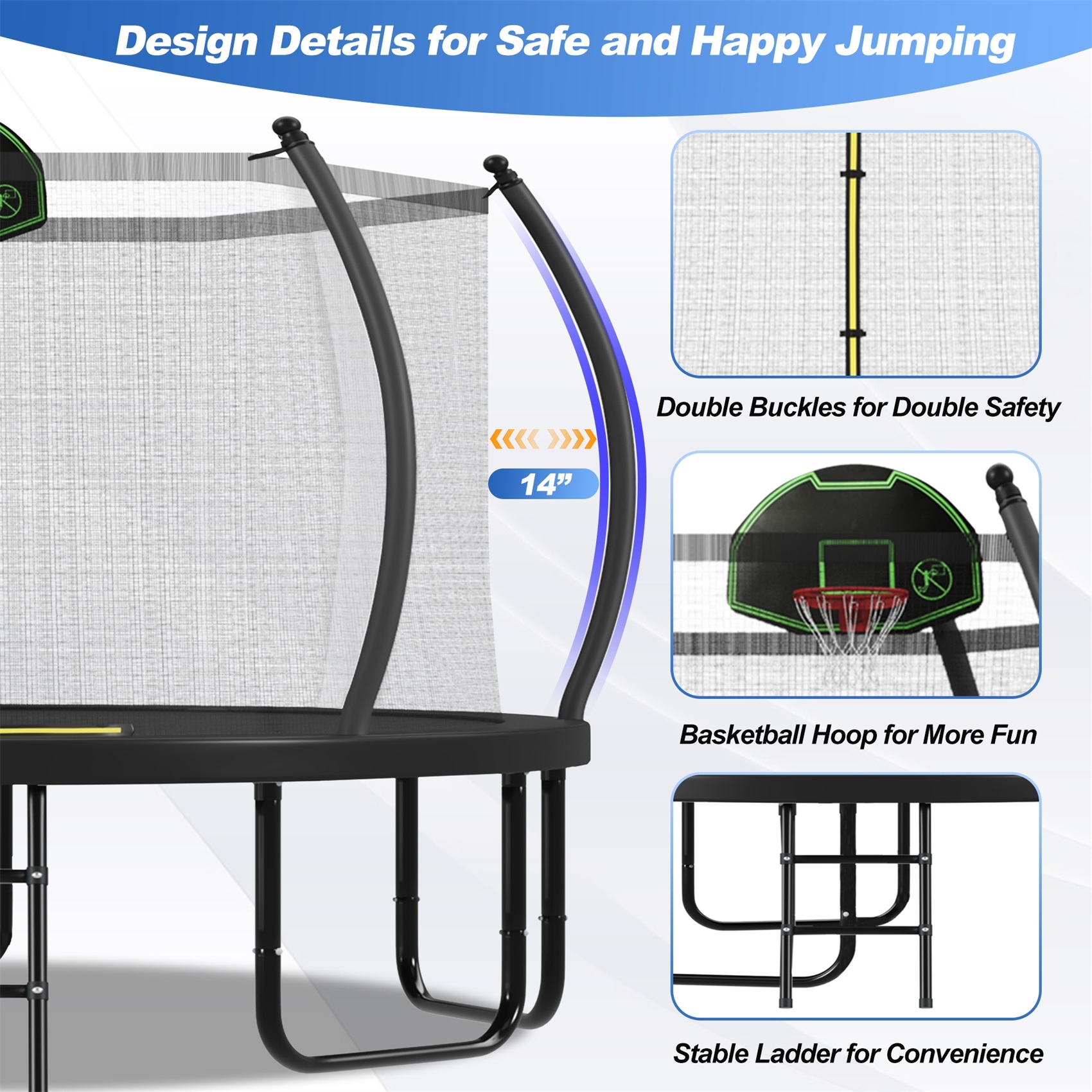 Alvantor 12ft 14ft 16ft Trampoline with Basketball Hoop, Recreational Pumpkin Trampoline for Kids with Enclosure net and Ladder Black
