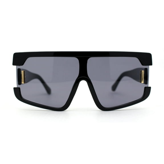 Womens 80s Funky Oversize Flat Top Plastic Shield Sunglasses All Black