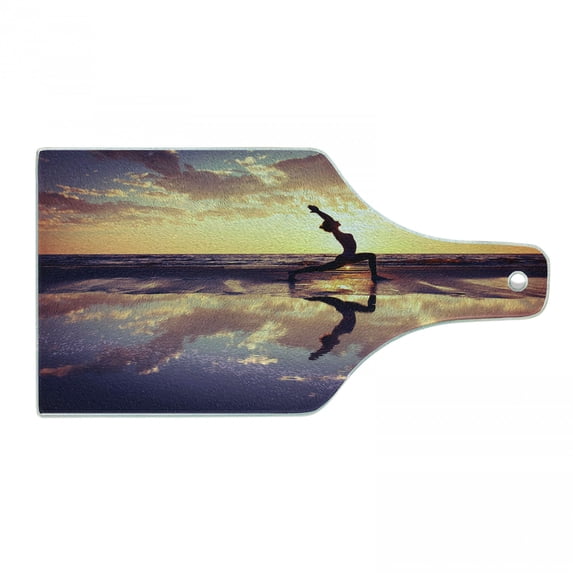 Yoga Cutting Board, Woman Practicing Yoga on Beach Sunset Dramatic Sky Water Reflection Image, Tempered Glass Cutting and Serving Board, Wine Bottle Shape, Yellow Blue Dark Brown, by Ambesonne