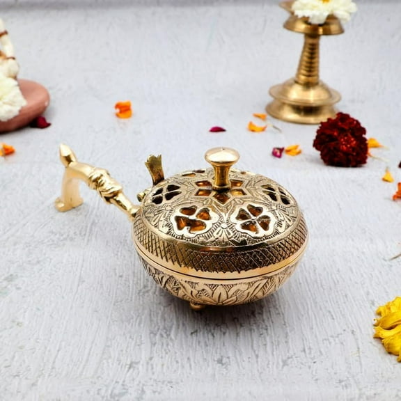 Brass Dhuna Loban Burner – Round Dhooni Dhoop Dani with Carved Lid – Traditional Vintage Incense Holder for Daily Puja, Home Decor, Festivals, and Gifting