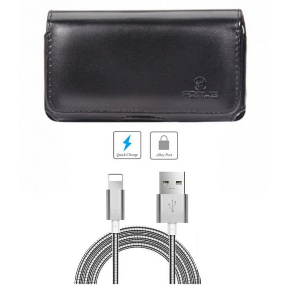 Leather Case Belt Clip w 6ft Metal USB Cable for iPhone XS Max - Swivel Holster Loops Cover Pouch and Charger Cord Power Wire Long Sync