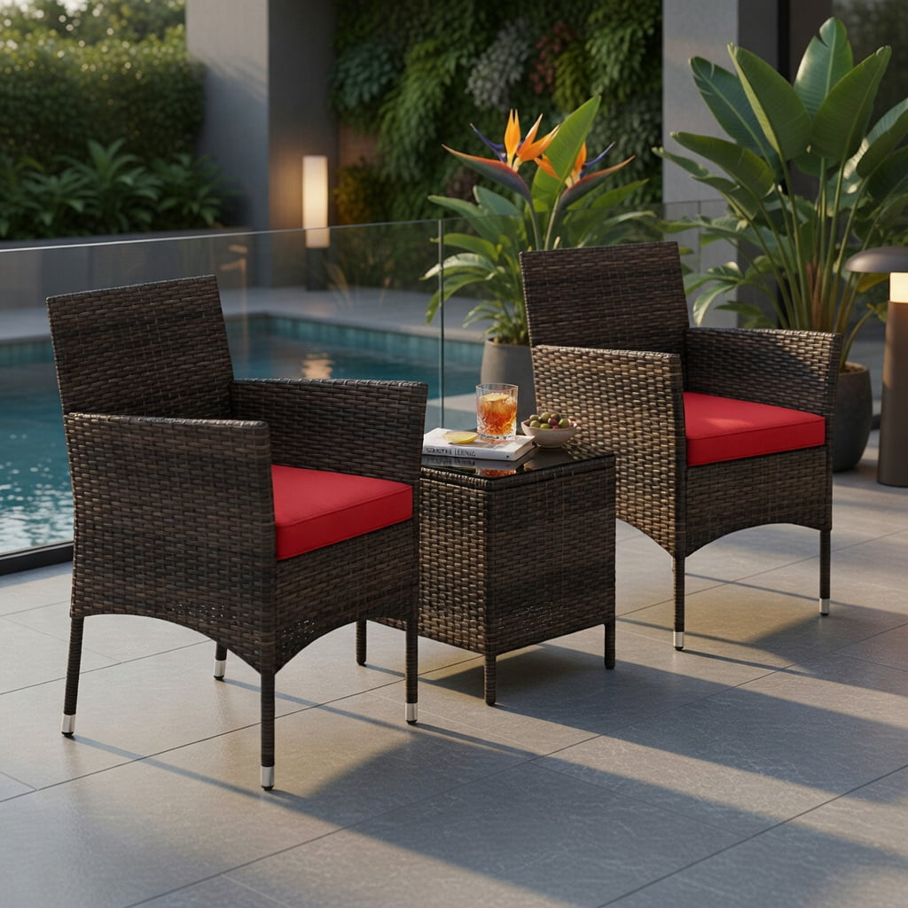 Hommoo 3-Piece Outdoor Wicker Conversation Set, Tempered Glass Coffee Table, PE Rattan & Metal Frame, Weather-Resistant Patio Seating for Backyard, Poolside & Porch, Red