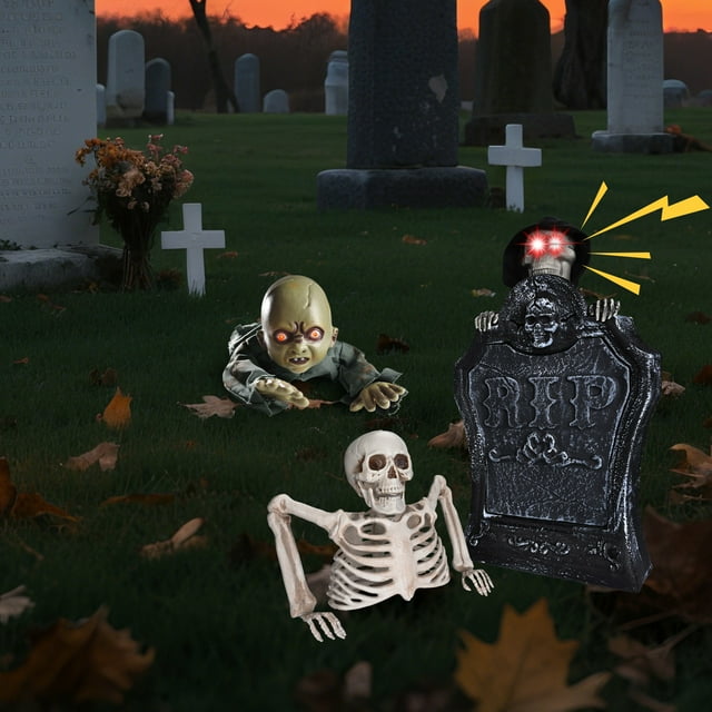 Yescom Pierre Tombale Animée Halloween 15 Pouces & Demi-Squelette avec Bébé Rampant Zombie 8 Pouces 2025
