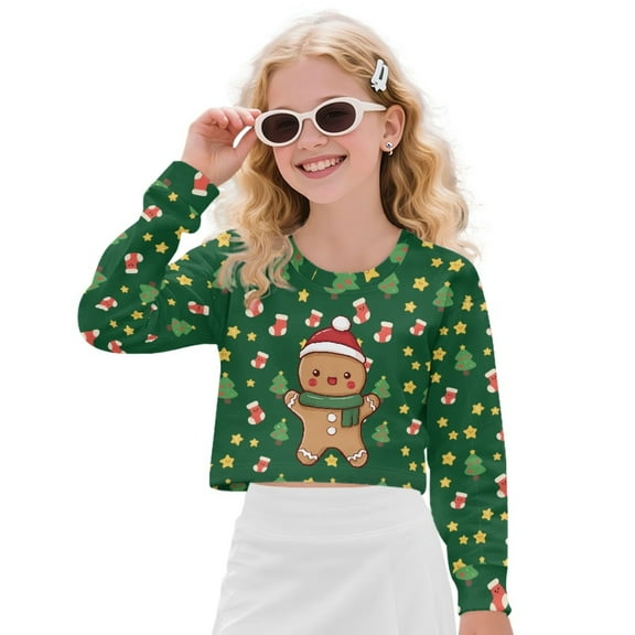 DISNIMO Christmas Tree Print Girls Crop Tops Long Sleeve Pullover Sweatshirt Soft Casual Kids Cropped Sweatshirt Fashion Crew Neck Pullover Tops