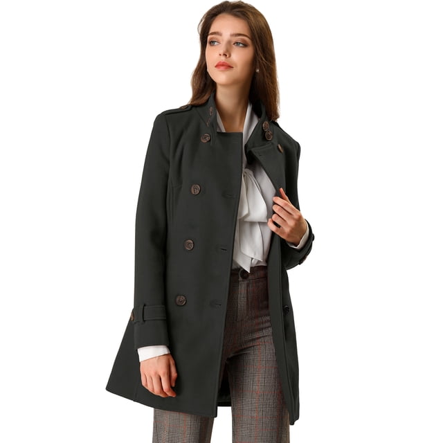 Abrigo de invierno con cinturón y bolsillos con doble botonadura y cuello alto para mujer Negro L