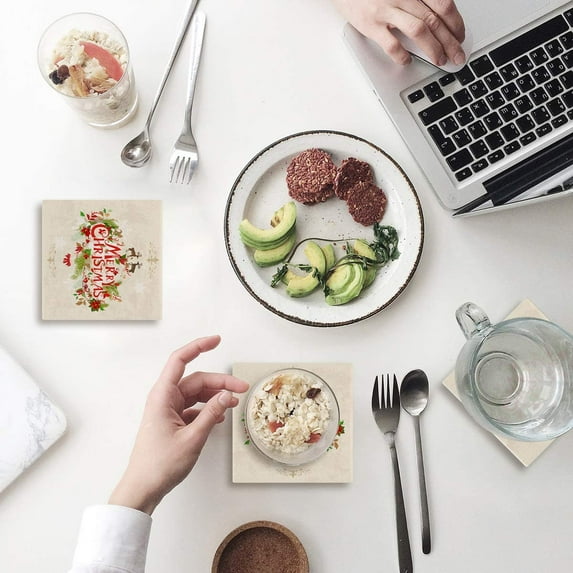 FMSHPON Merry Christmas Theme Set of 4 Coaster for Drinks, Absorbent Ceramic Stone Coasters Cup Mat with Cork Base for Home Kitchen Room Coffee Table Bar Decor