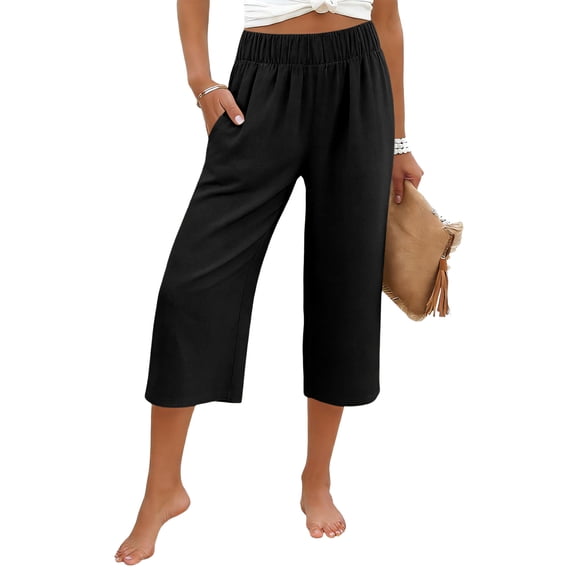 Wutalume Women's High Waisted Wide Leg Cotton Linen Capri Pants Baggy Loose Fit Summer Beach Vacation Pockets Trousers,Black L