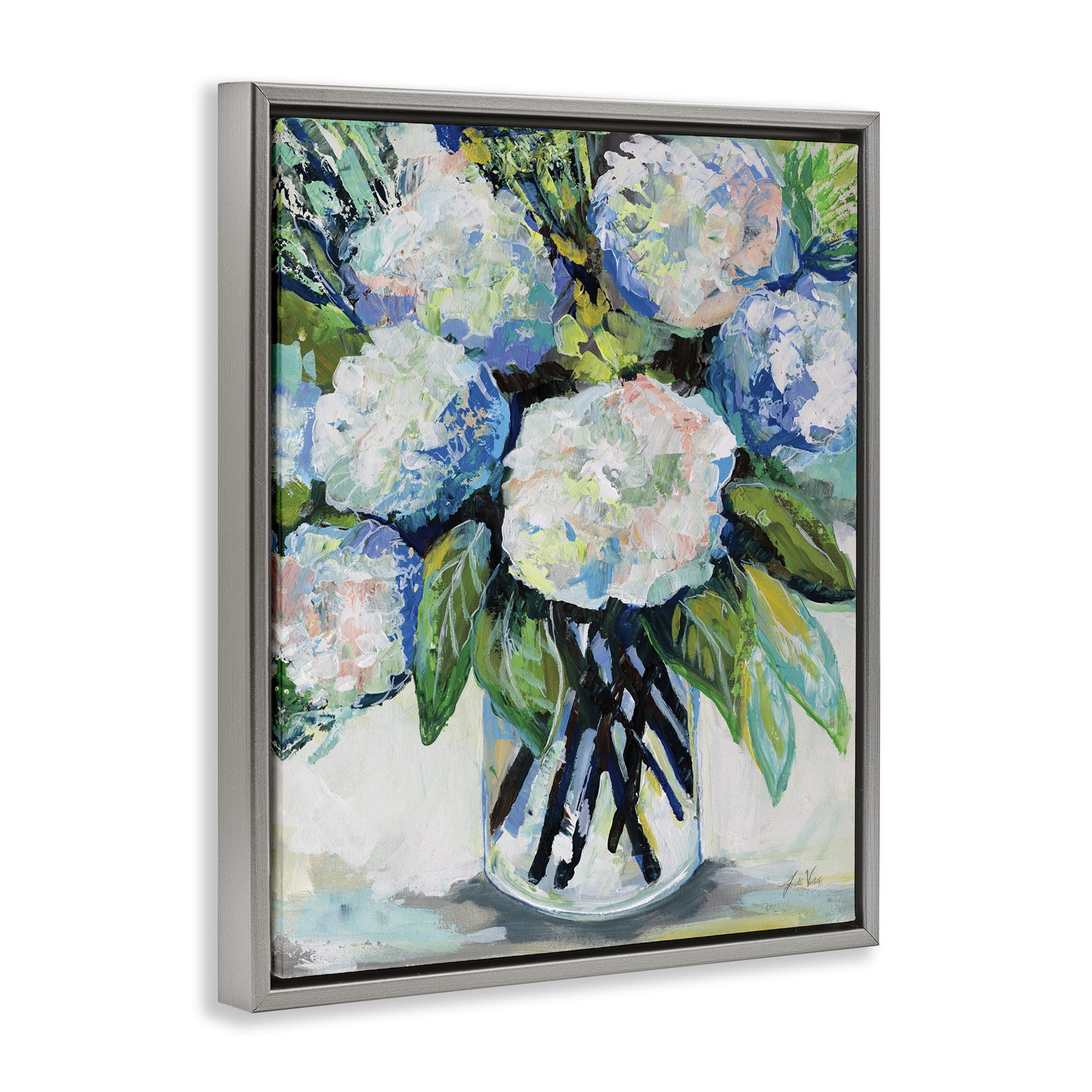 Stupell Industries Abundant White Hydrangeas Botanical & Floral Painting Gray Floater Framed Art Print Wall Art, 25 x 31
