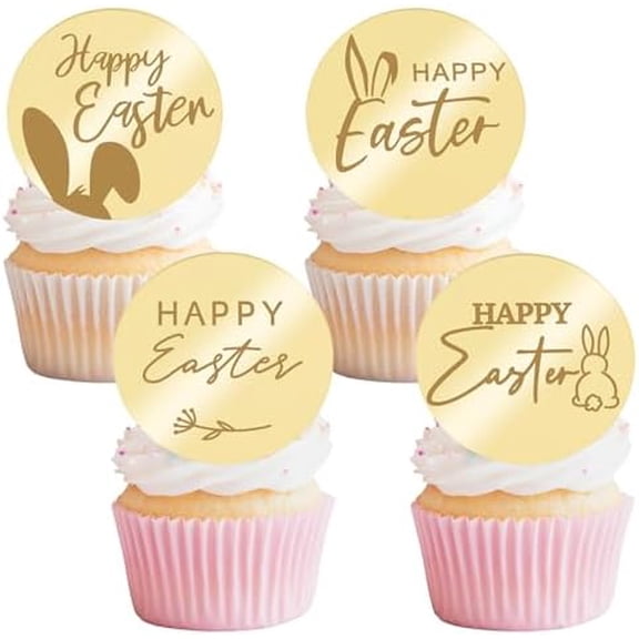 20pcs Happy Easter Acrylic Cupcake Topper Rabbit Mirror Gold Cupcake Toppers for Easter Theme Party Cake Decorations Flower Decor Birthday Party Supplies