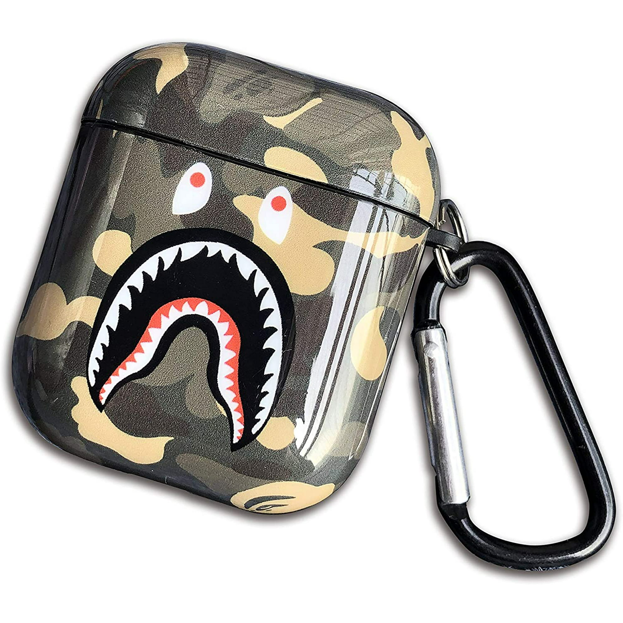 Shark Teeth Softshell Silicone Camouflage AirPods Case, IMD Case Shockproof Case Skin with Key Ring, Suitable for Apple AirPods 1 & 2 Charging Box (