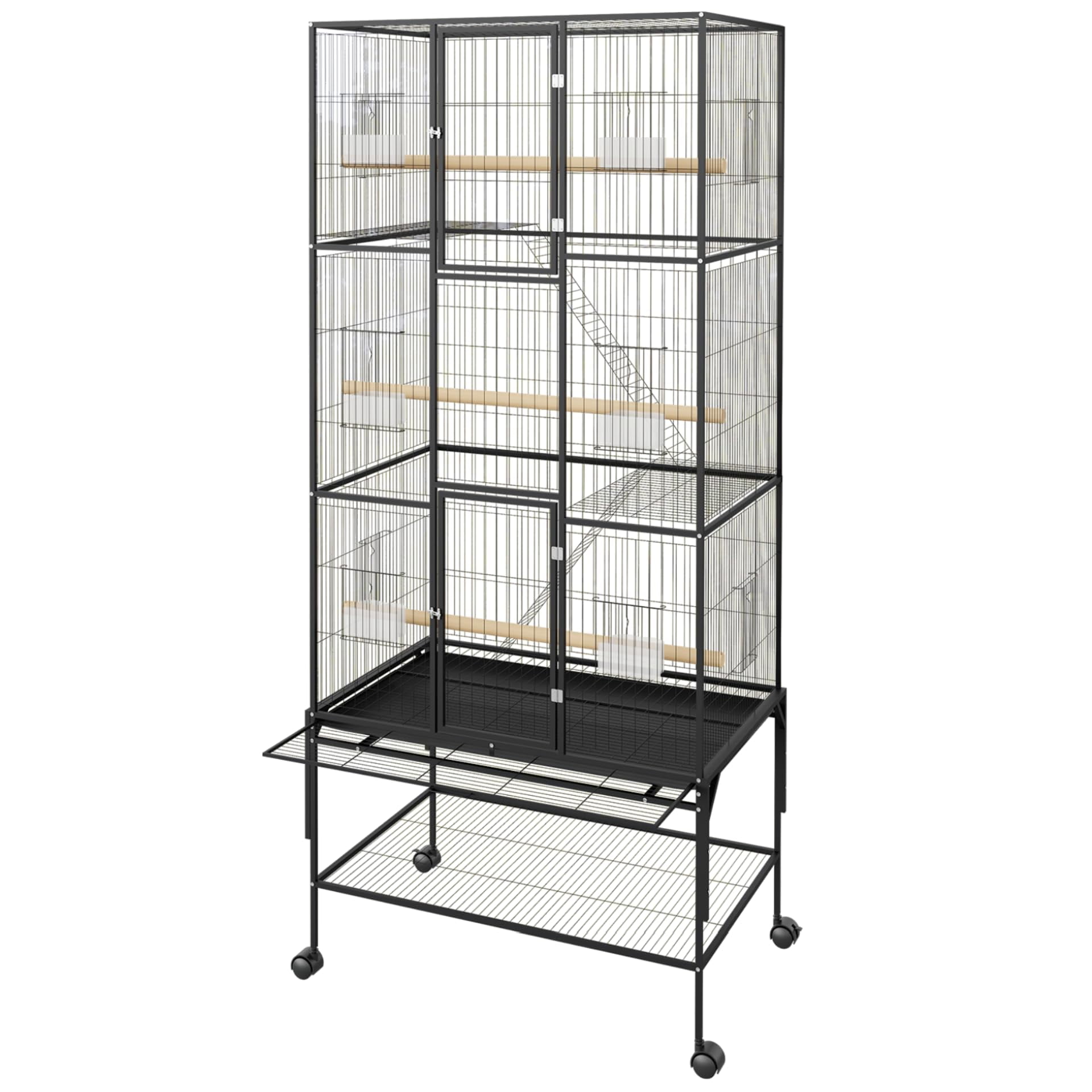69" Large Rolling Bird Cage – Wrought Iron Parrot Cage with Stand, Storage Shelf, Perches & Feed Bowls – Rolling Casters, Slide-Out Tray, for Macaws, Cockatiels, Parakeets