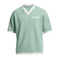 thumbnail image 4 of Rggeeun Men'S T-Shirt Solid Color Thin Stripes Short Sleeve V-Neck Cotton Linen Knit With Side Zipper & Patch Pocket For Daily Office Fashion Tee,Green,M, 4 of 4