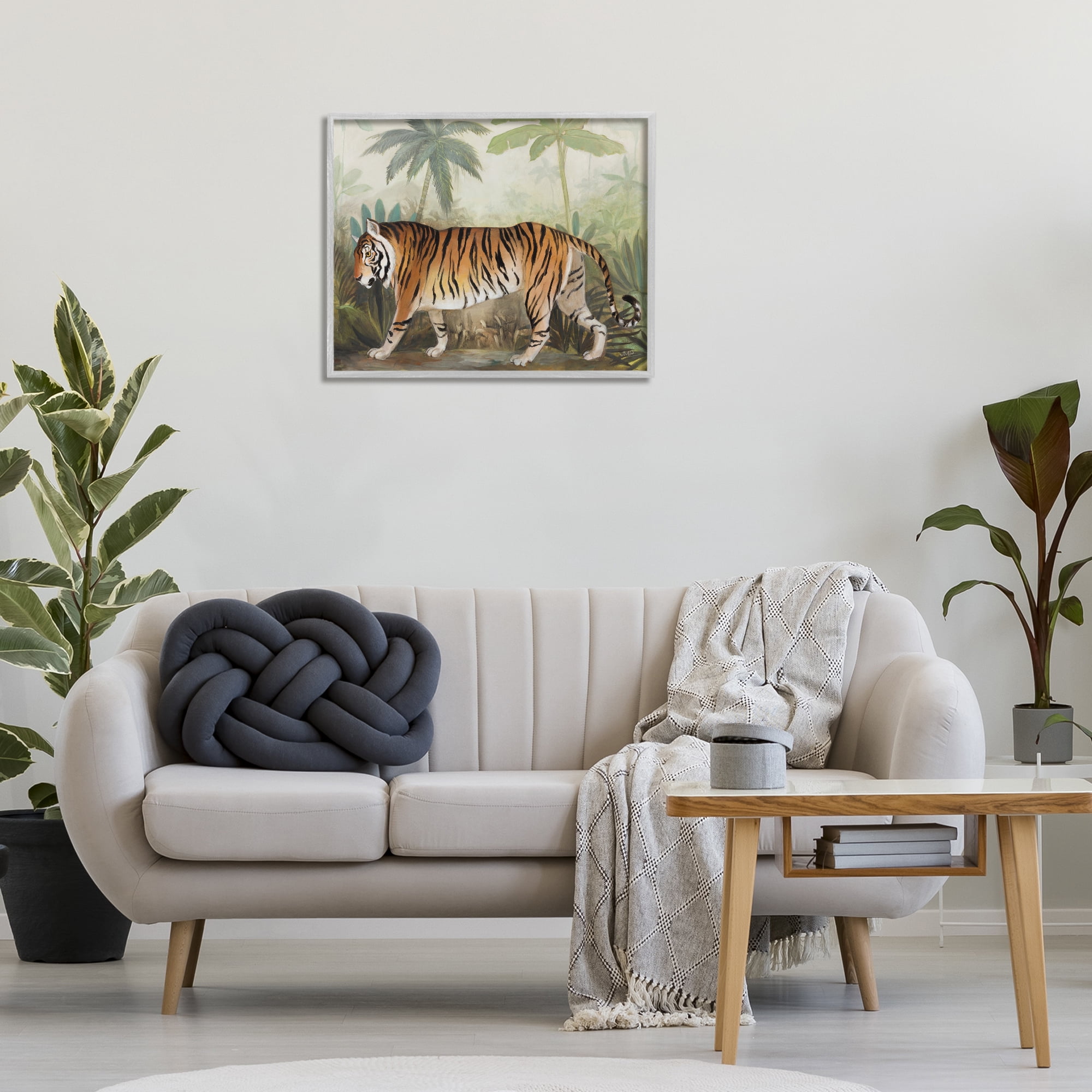 Stupell Industries Prowling Tiger in Forest Landscape Painting Gray Framed Art Print Wall Art, 30 x 24