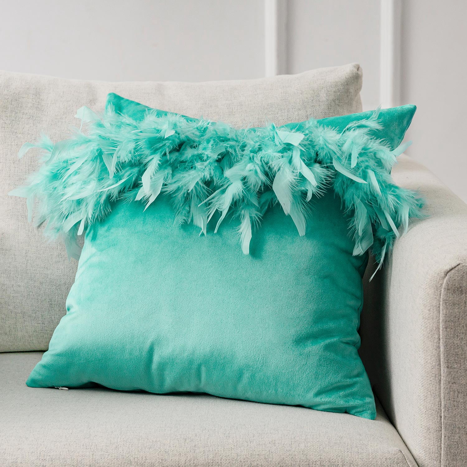 Soft Feather Velvet Modern Cushion, Decorative Couch Pillow, 18" x 18", Turquoise, 2 Pack