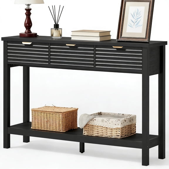 Buildhom Fluted Console Table with 3 Drawers, 47.2" Modern Wood Entryway Table with Open Shelf for Living Room, Hallway, Black