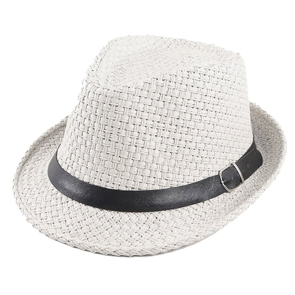 56-58 cm hat circumference men and women breathable straw hat summer hat retro sunscreen jazz hat sunshade short brimmed hat - Milky white