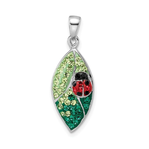 Sterling Silver Leaf Pendant Necklace with Red Green Black Crystal Ladybug for Women, Nature Inspired Symbolic Jewelry for Spring or Garden Style