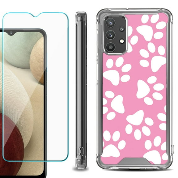 Shockproof Bumper Phone Case for Samsung Galaxy A32 5G, with Tempered Glass Screen Protector, by OneToughShield ® - Pet Paw/ Pink