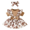 thumbnail image 2 of Wuxian Girls Baby Toddler Romper Dress Long Sleeve Ribbed Knitted Ruffles Floral Print Cute Bow Bodysuits With Headband 2 Piece Fashionable Elegant Cozy Summer Set,Coffee,6-12 Months, 2 of 9