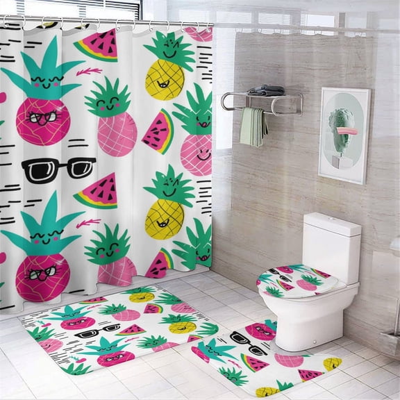 Flamingo Pattern 4 Piece Shower Curtain Sets, Non-Slip Rugs, Toilet Lid Cover And Bath Mat, for Bathroom Decor Set, 72" X 72"