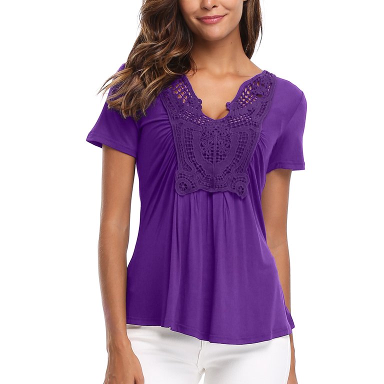MOLY Women's Short Sleeve V Neck T-Shirt Pleated Casual Flowy Tunic Blouse Tops Purple XS