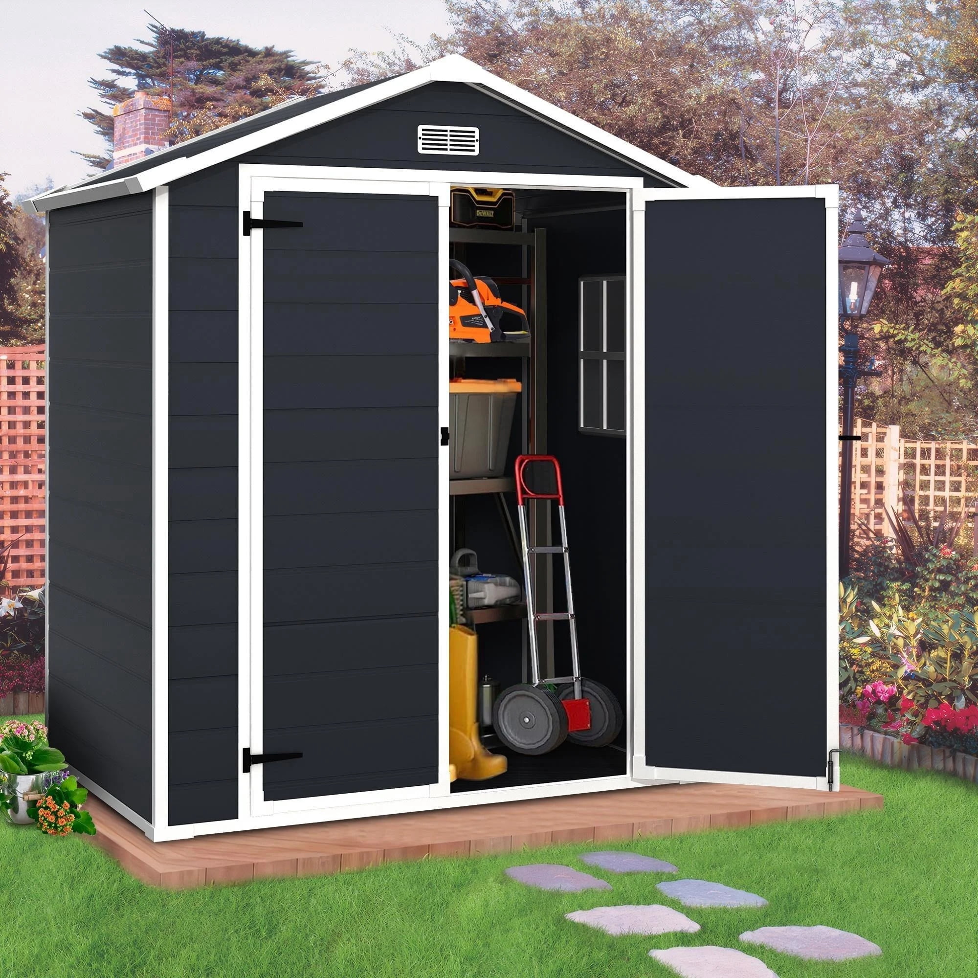 6ft x 4ft Outdoor Resin Storage Shed, Sesslife All-Weather Plastic Sheds with Reinforced Floor, Suitable for Outdoors, Waterproof, Black