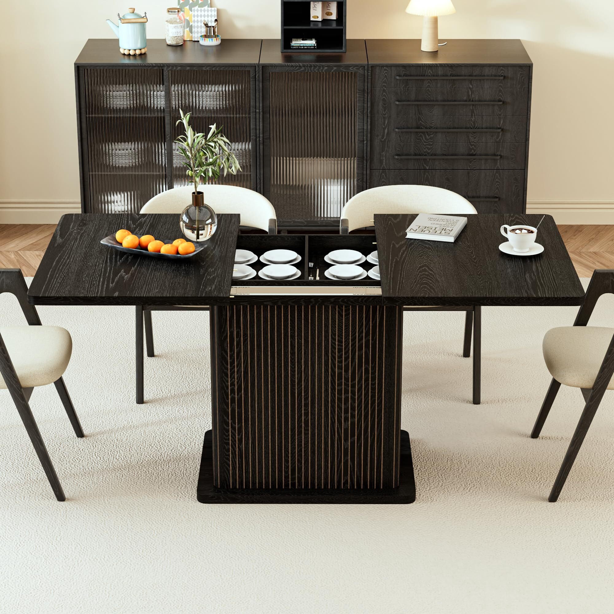 Extendable Black Dining Table 47-65", Seats 4-6, Fluted Wood Kitchen Table with Storage, Mid Century Modern, Black