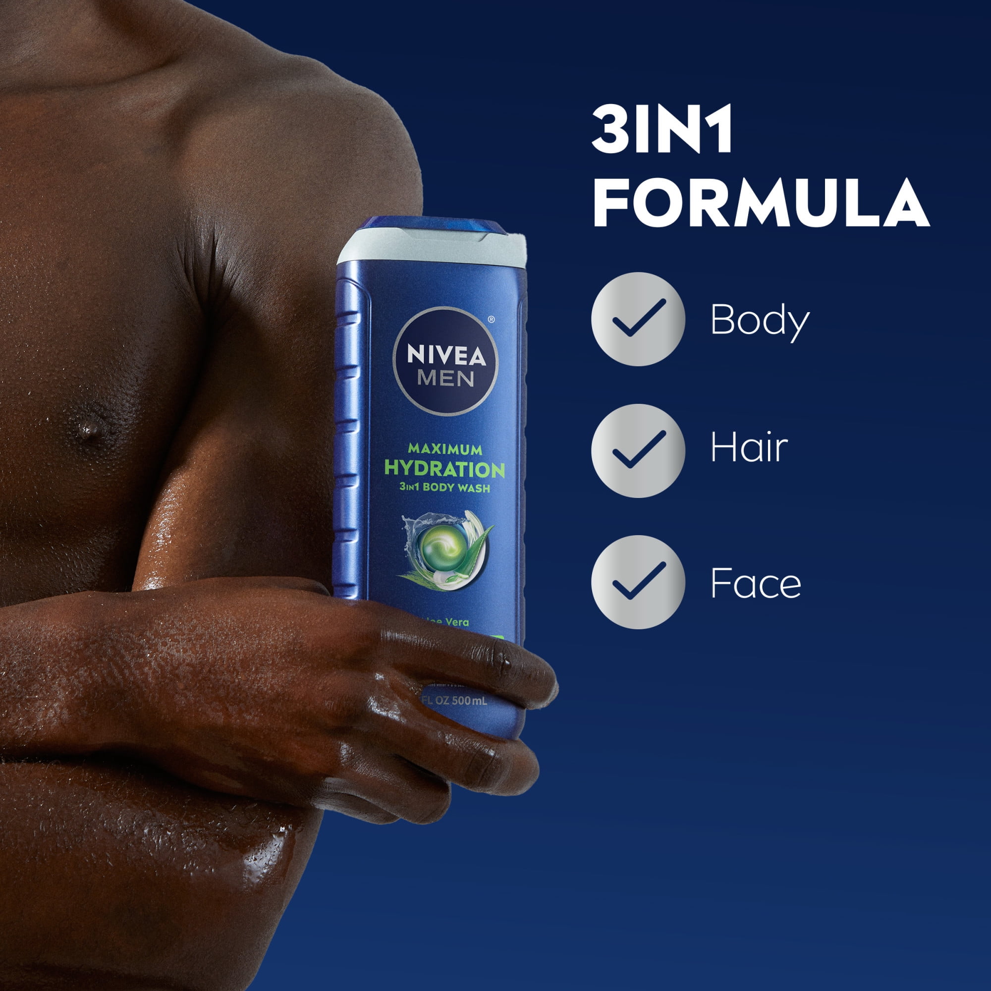(3 pack) NIVEA MEN Maximum Hydration 3-in-1 Men's Body Wash for Dry Skin with Aloe Vera, 16.9 fl oz