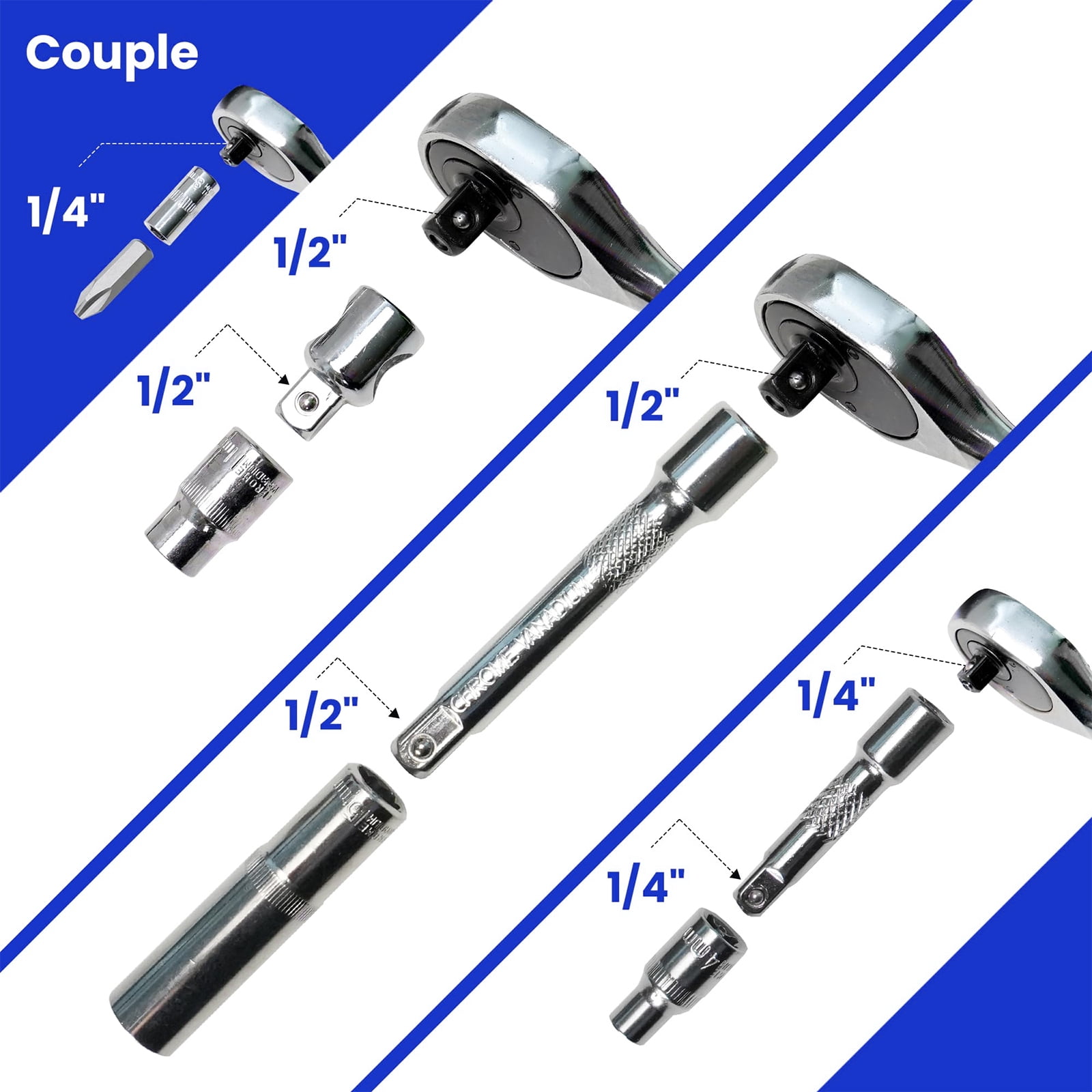 108 Pcs Mechanic Socket Tool Kit，CR-V Steel Metric and Standard 1/4" & 1/2" Ratchet set, Universal Joint, Extension Bars,Adapter,Ratchet Wrench,Socket Set for Car