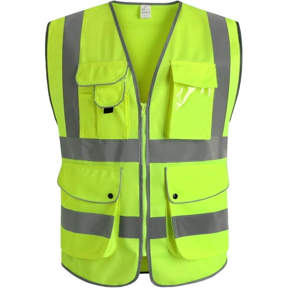 ninesung High Visibility Safety Vest With Pockets, Reflective Strips And Zipper Neon Vest Reflective Vest Construction Vest-Green-L