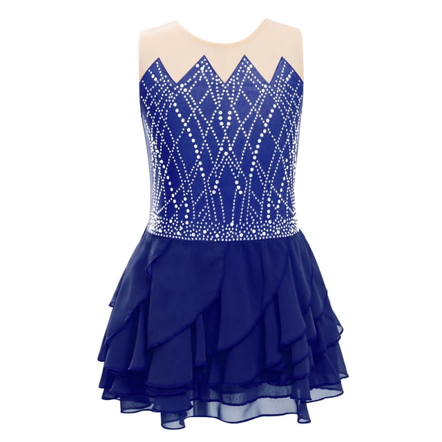 LiiYii Kids Girls Shiny Rhinestone Sleeveless Tiered Ruffle Figure Skating Dance Dress Ballet Tulle Navy Blue 6